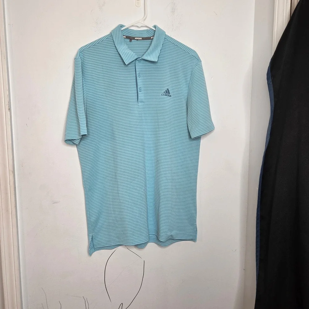 Adidas Mens Golf Polo‎ Shirt Light Blue Striped Short Sleeve Size Large